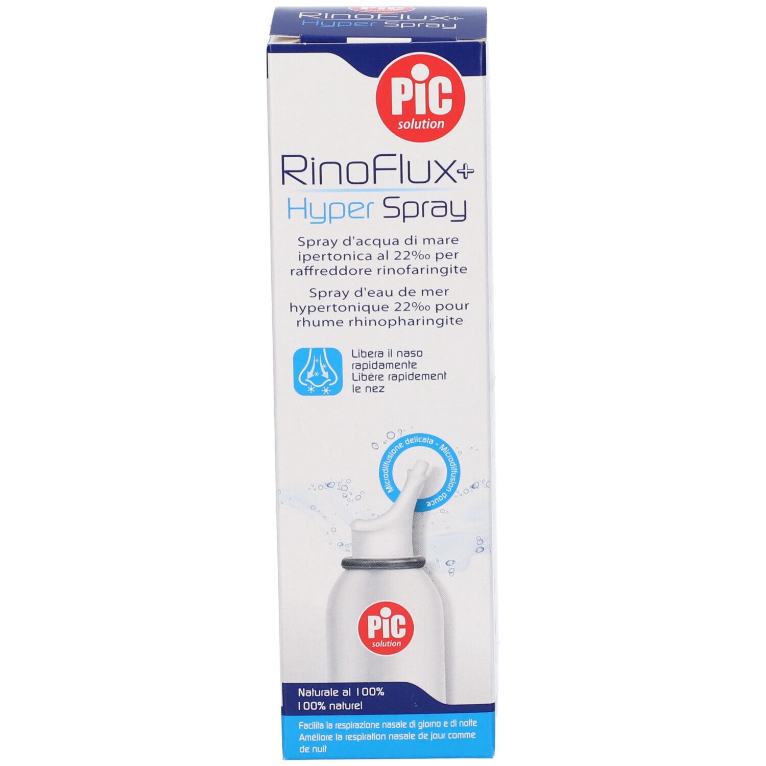 Confezione e flacone spray nasale. Confezione blu e bianca con immagine del prodotto. Flacone bianco con erogatore.