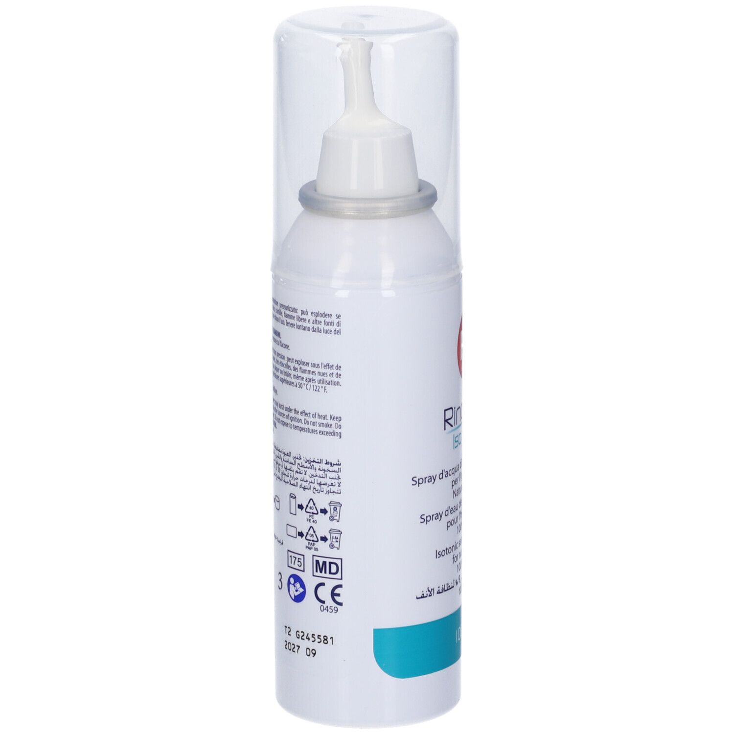 Flacone spray bianco con tappo trasparente. Scritte e informazioni sul retro.