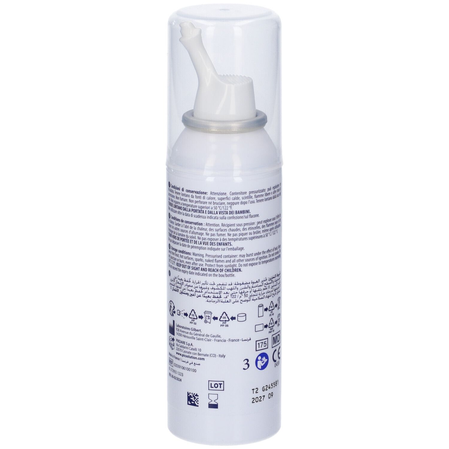 Flacone spray bianco con tappo trasparente. Retro con testo e simboli. Marchio CE.