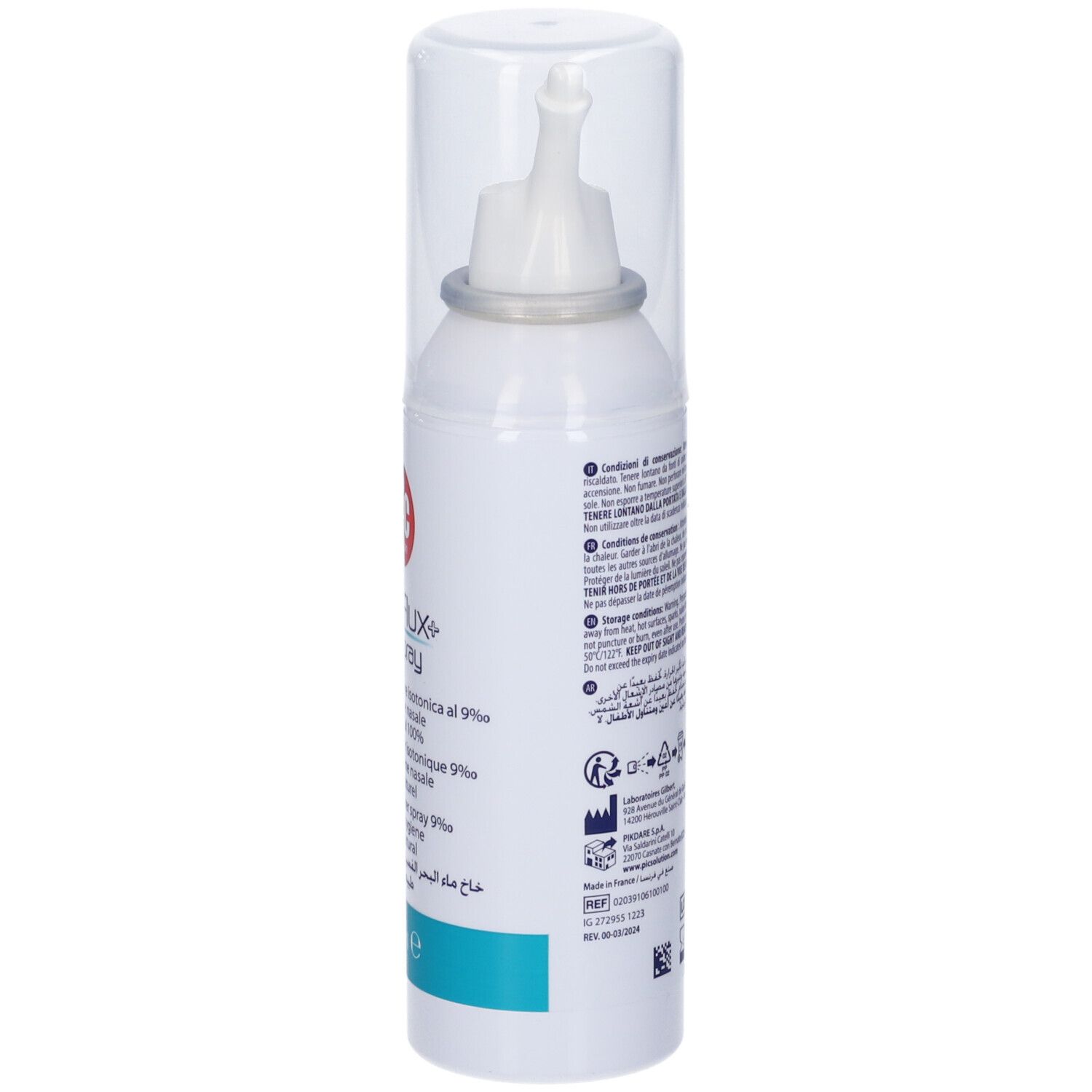 Flacone spray bianco con tappo trasparente. Retro con testo e simboli. Marchio CE.