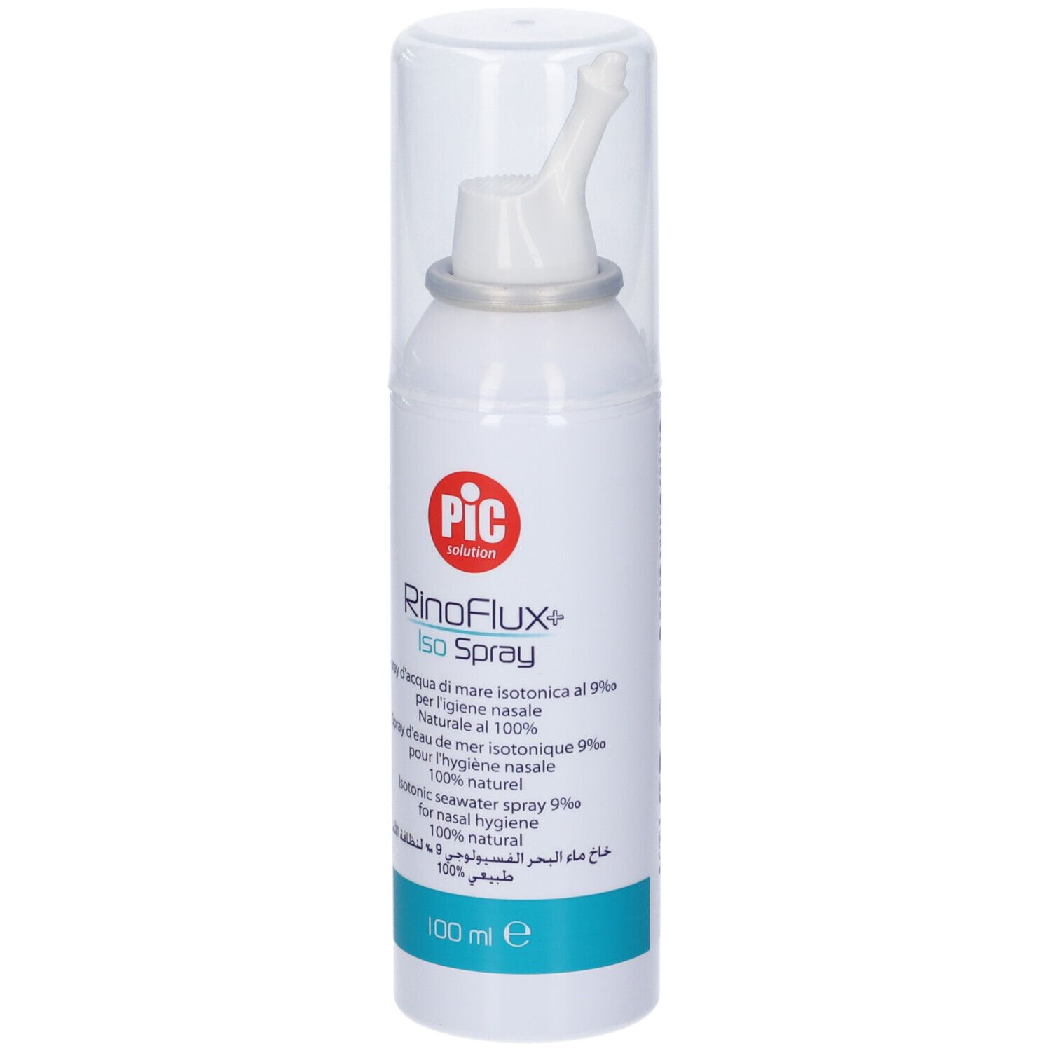 Flacone spray bianco con tappo trasparente. Scritta: PIC, Rinoflux+ Iso Spray. 100 ml.