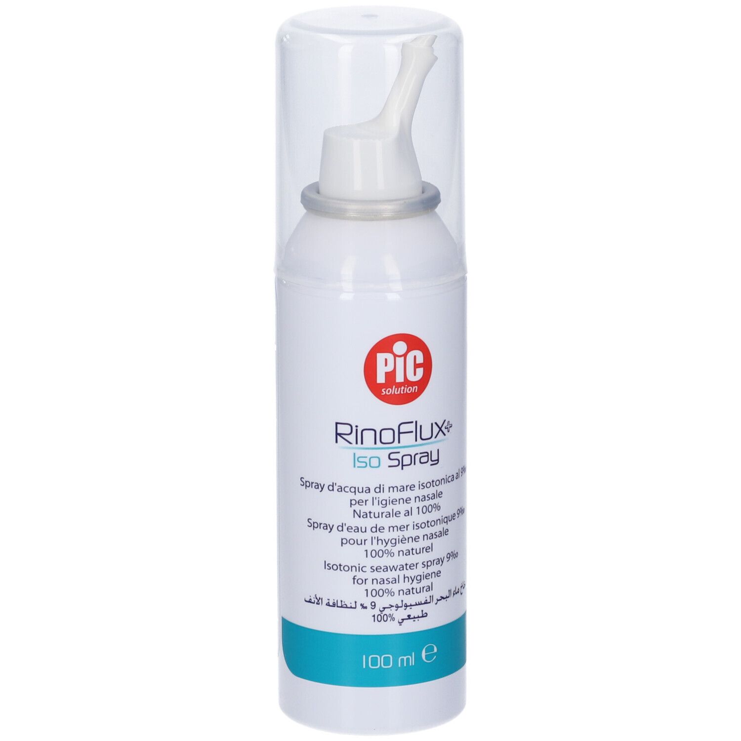 Flacone spray bianco con tappo trasparente. Scritta: PIC, Rinoflux+ Iso Spray. 100 ml.