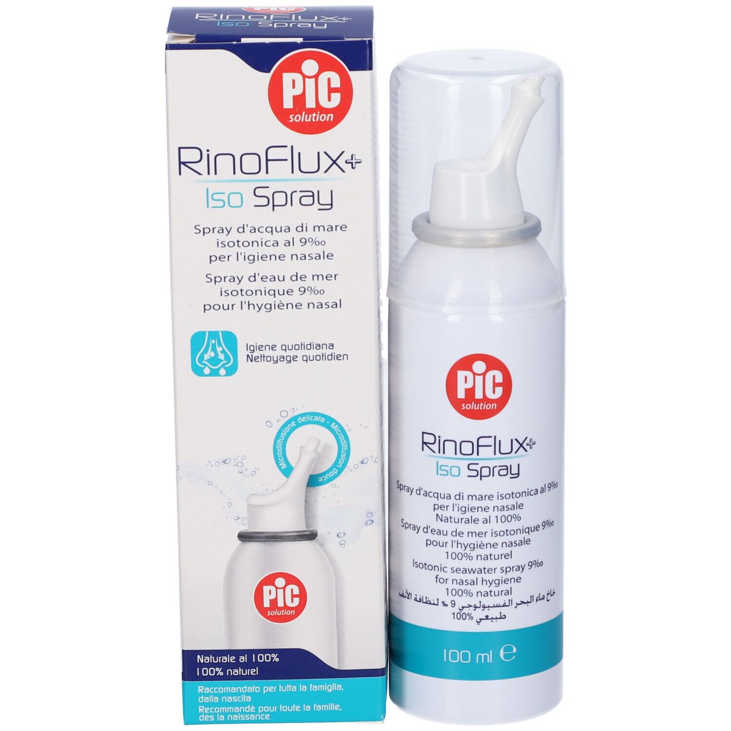 Confezione del prodotto con flacone spray. Scritta: PIC, Rinoflux+ Iso Spray. 100 ml. Scatola con immagine del prodotto.