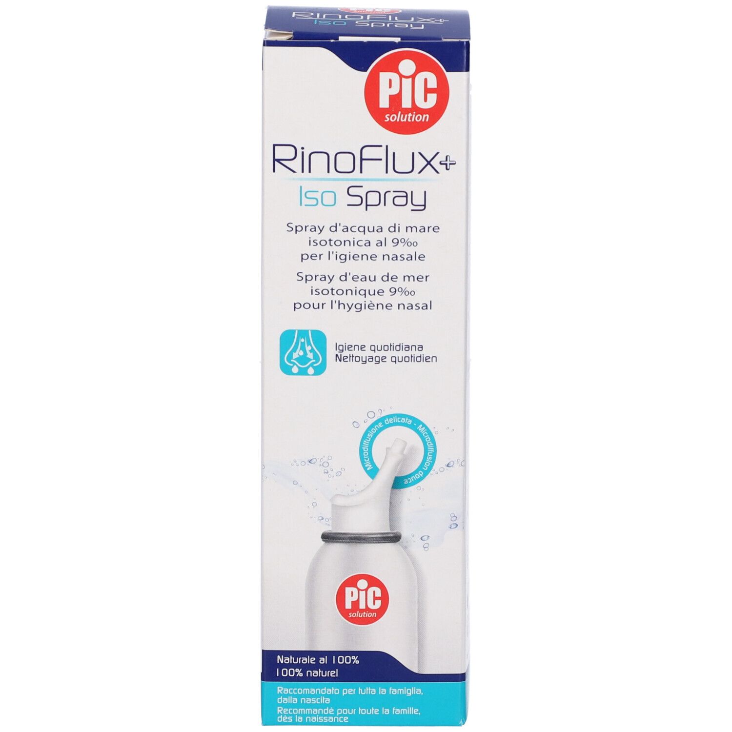 Confezione del prodotto con flacone spray. Scritta: PIC, Rinoflux+ Iso Spray. Scatola con immagine del prodotto.