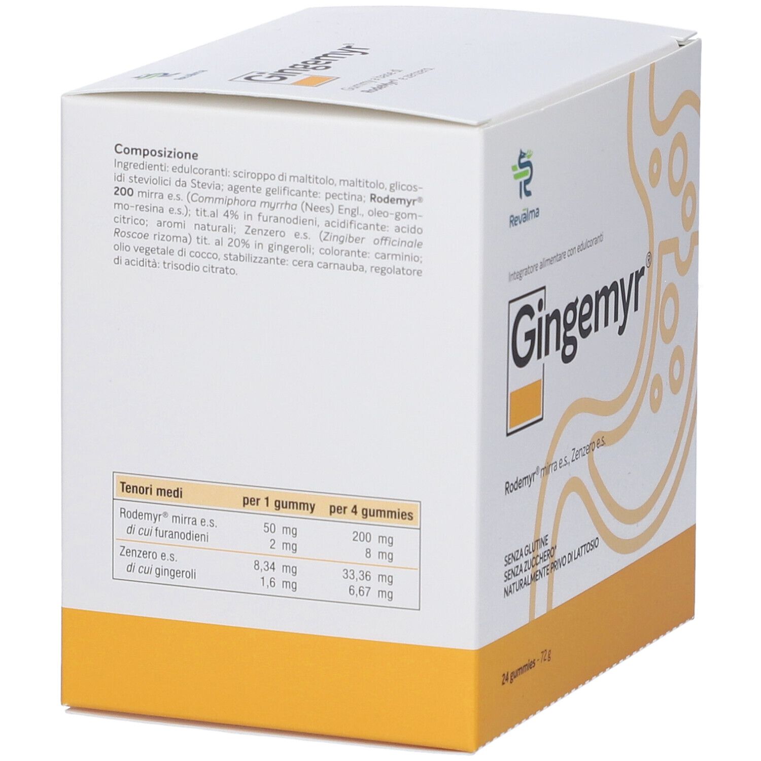 Confezione Gingemyr con composizione. Contiene ingredienti e valori nutrizionali per caramella e per 4 caramelle.