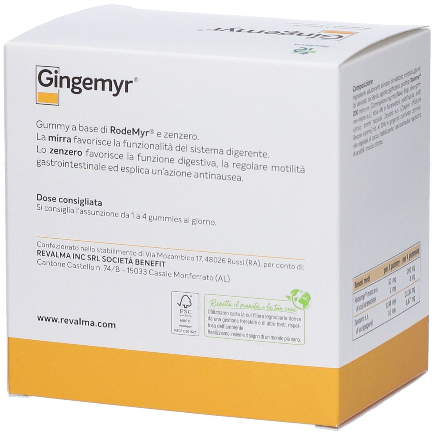 Confezione Gingemyr con testo. Descrive l'azione di Rodyemyr e zenzero. Dose consigliata: da 1 a 4 caramelle al giorno.