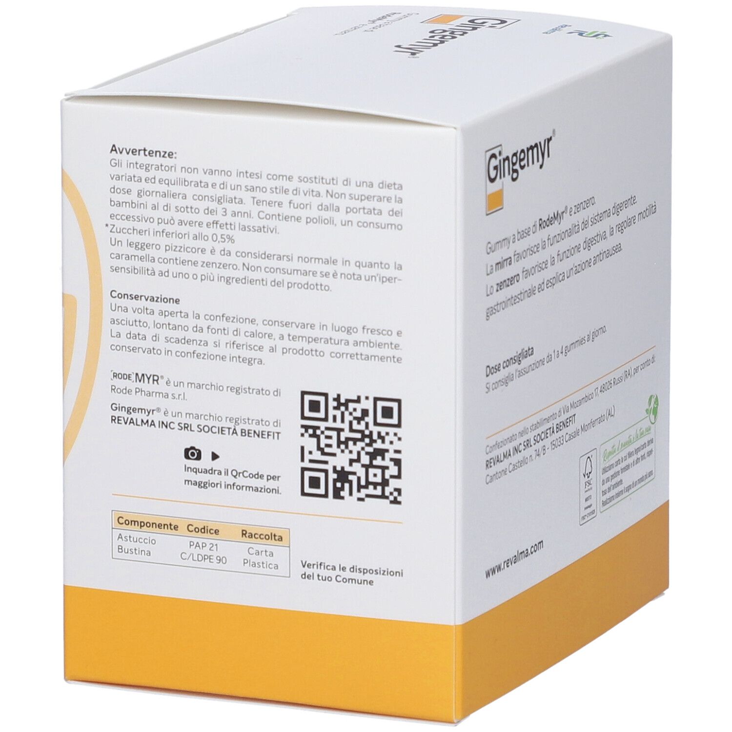 Confezione Gingemyr con avvertenze e codice QR. Contiene informazioni di conservazione e avvertenze.