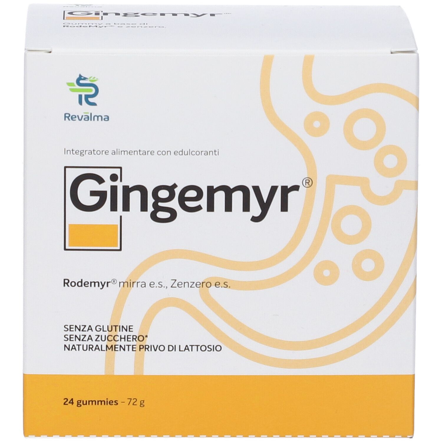 Confezione Gingemyr. Scritto: 'Integratore alimentare'. Contiene 24 caramelle. Senza glutine, senza zucchero, senza lattosio.