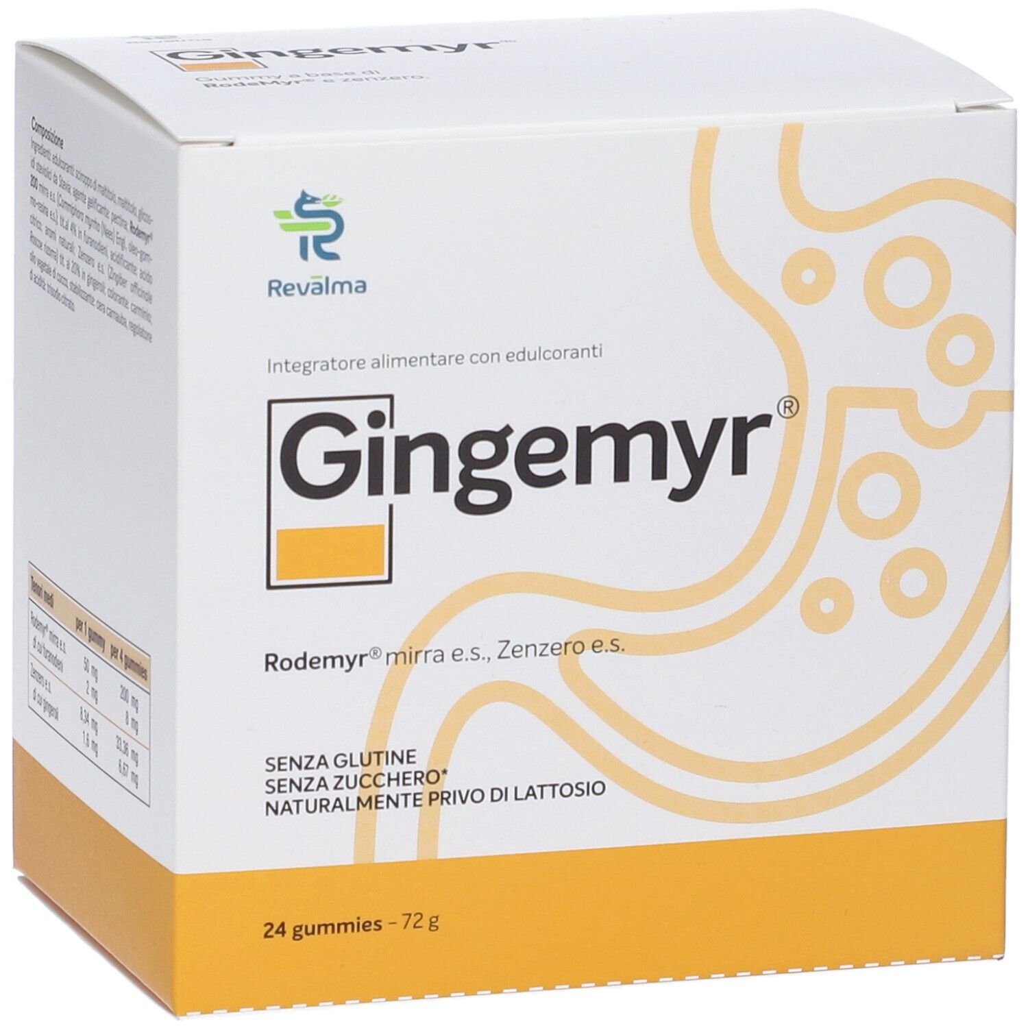 Confezione Gingemyr. Scritto: 'Integratore alimentare'. Contiene 24 caramelle. Senza glutine, senza zucchero, senza lattosio. Valori nutrizionali.