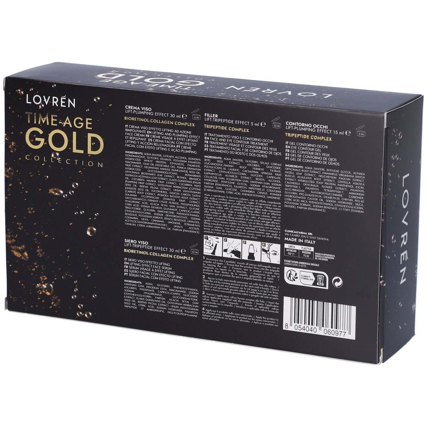 Retro del cofanetto regalo. Sfondo nero con testo multilingue. Informazioni e ingredienti del prodotto.