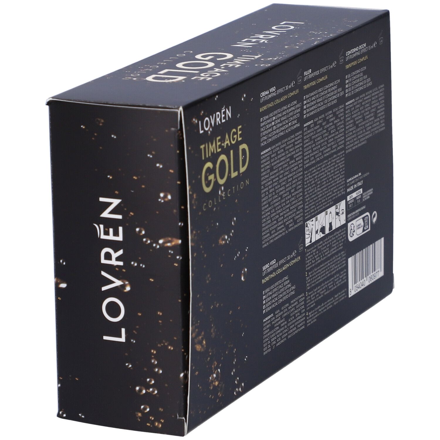 Vista laterale del cofanetto regalo. Sfondo nero con scritta dorata. Informazioni sul prodotto e logo.