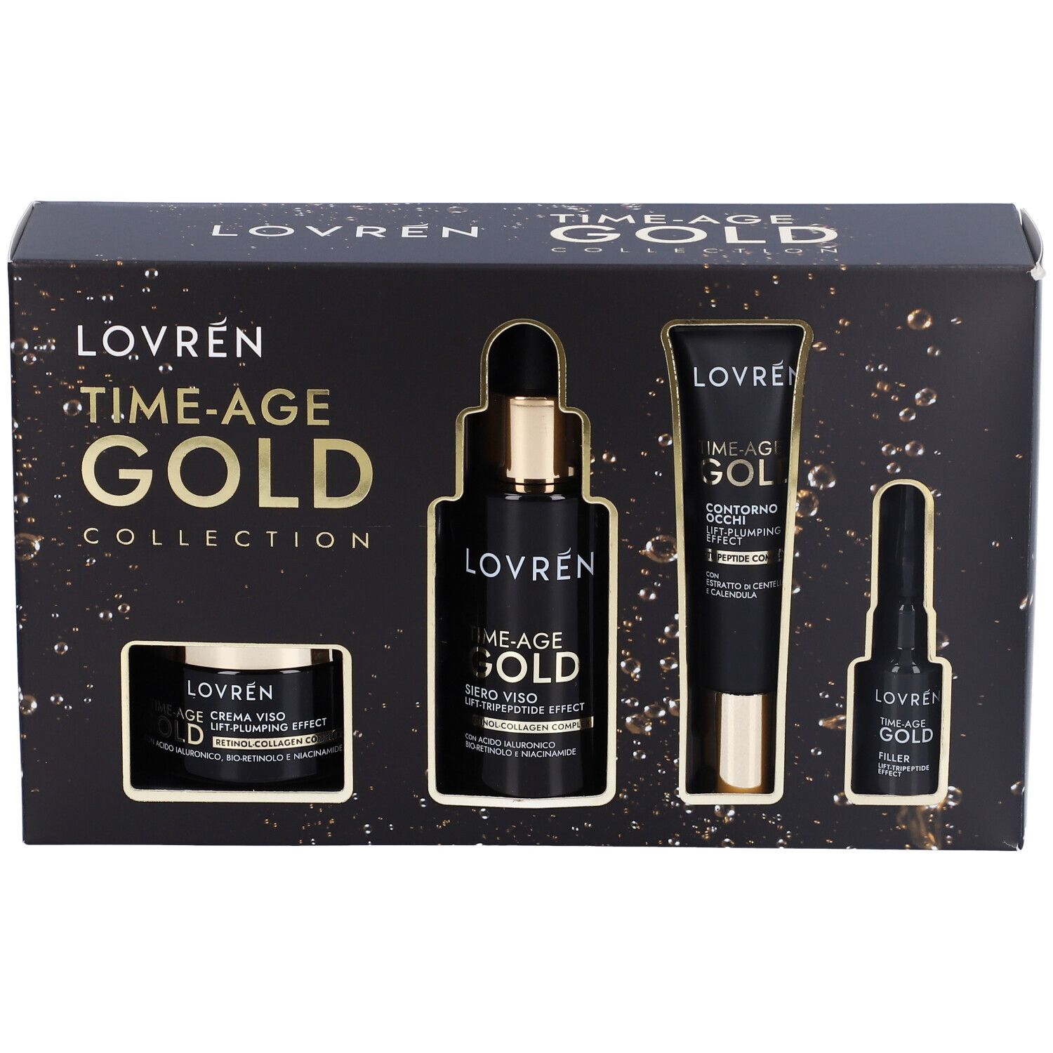 Cofanetto regalo nero con prodotti cosmetici. Scritta dorata. Contiene crema, siero, contorno occhi e filler.