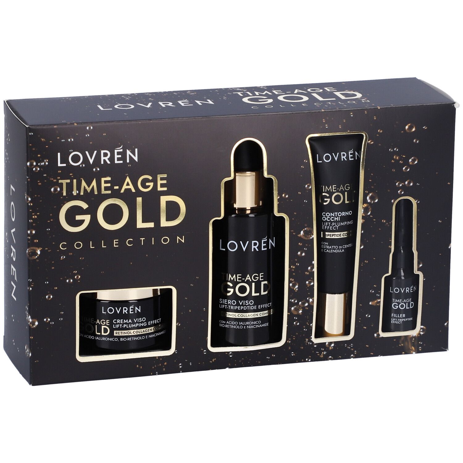 Cofanetto regalo nero con prodotti cosmetici. Scritta dorata. Contiene crema, siero, contorno occhi e filler.