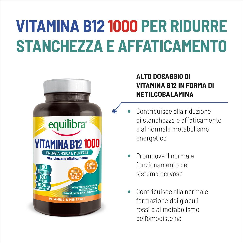 Integratore alimentare Equilibra Vitamina B12 1000 in flacone di vetro marrone con tappo grigio.