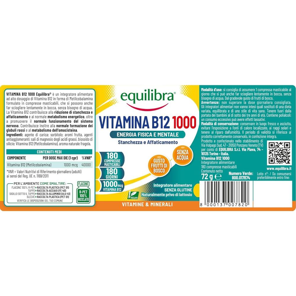 Equilibra Vitamina B12 1000, integratore alimentare per energia fisica e mentale.