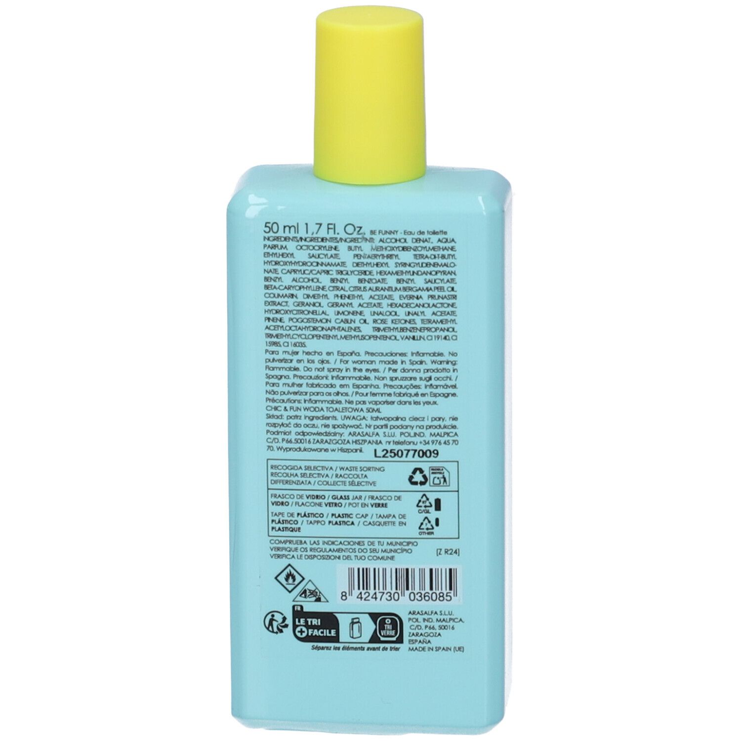 Retro del flacone azzurro chiaro con tappo giallo. Testo e informazioni multilingue.