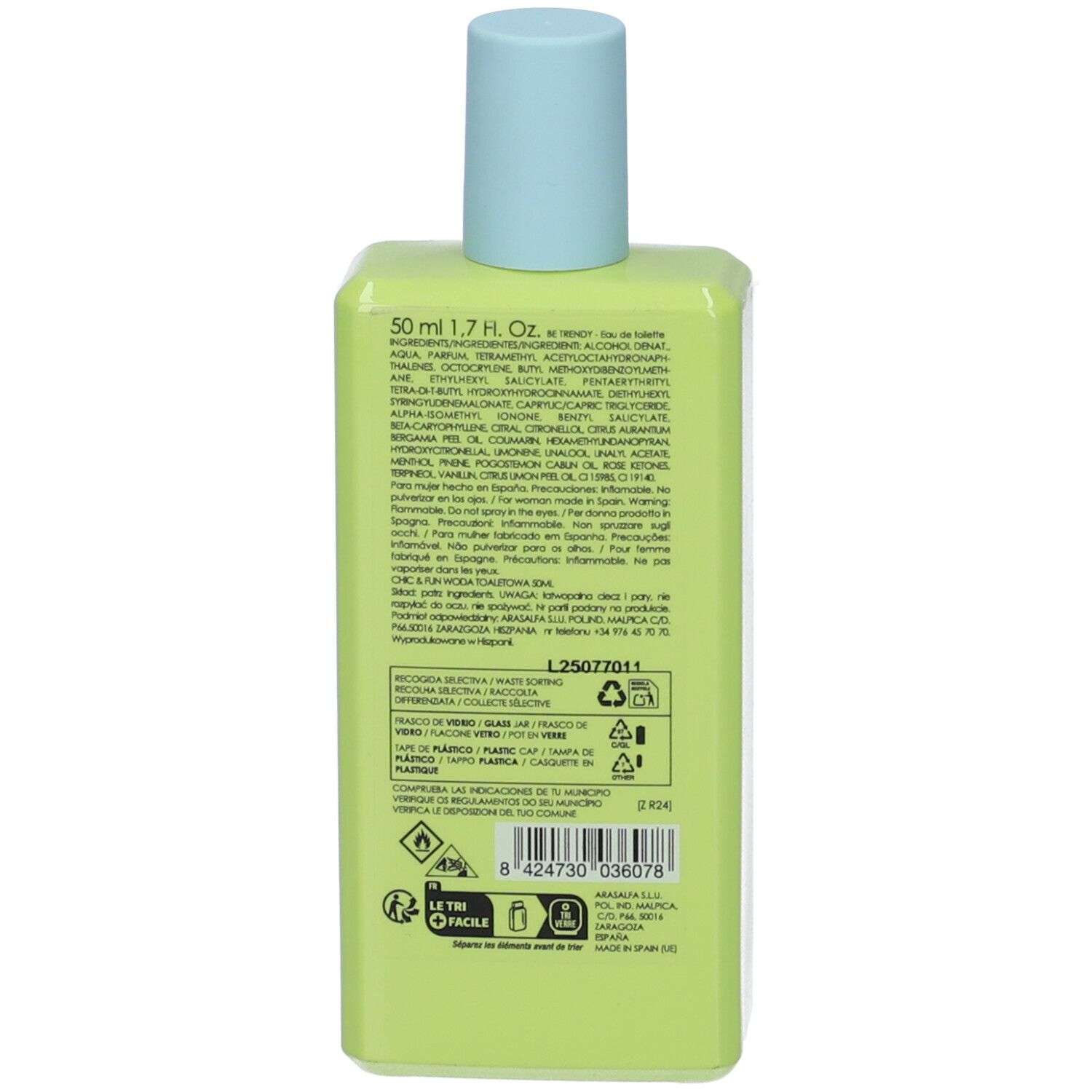 Retro del flacone verde. Testo con ingredienti e simboli di riciclaggio.