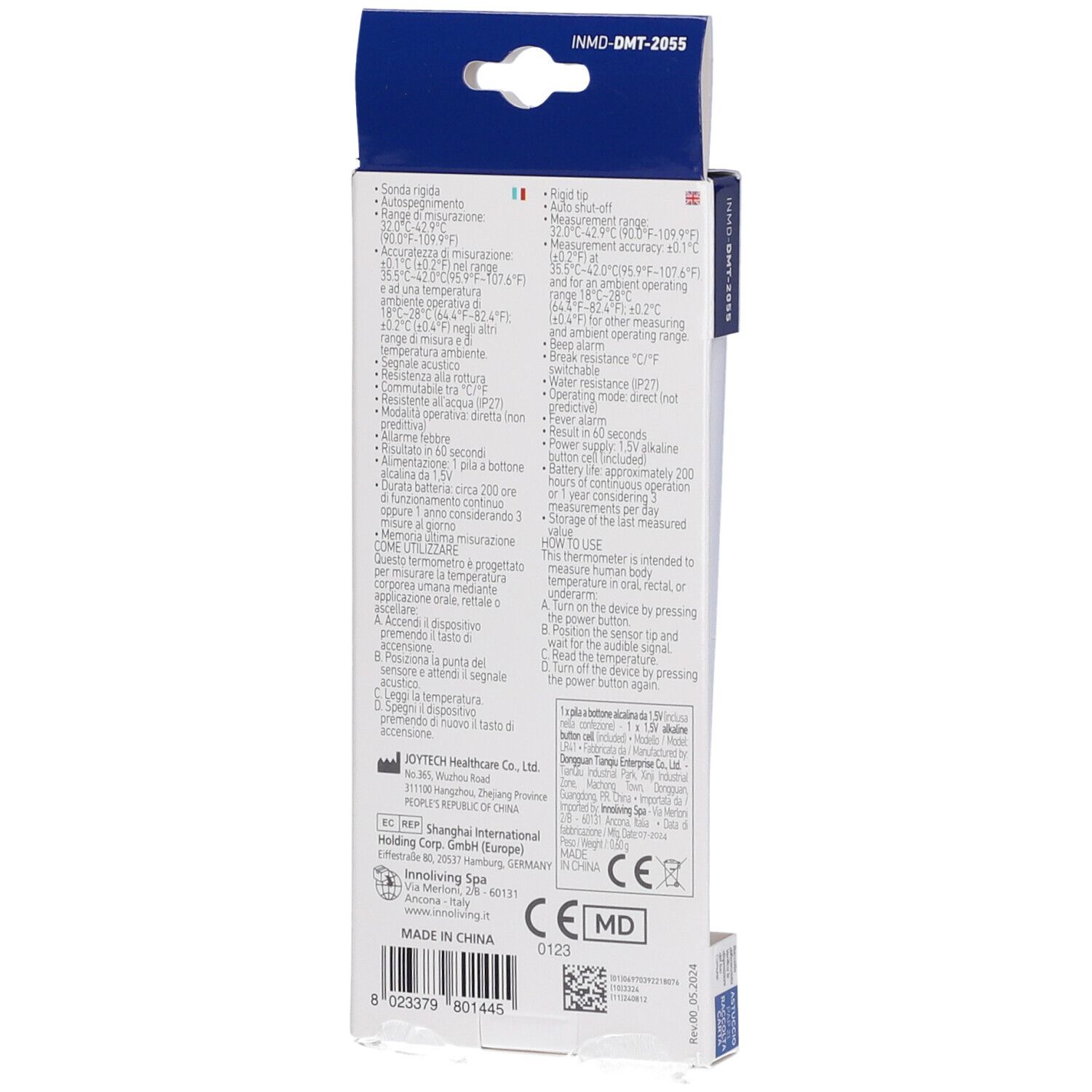 Retro della confezione del termometro. Testo e informazioni sul prodotto, produttore e certificazioni.
