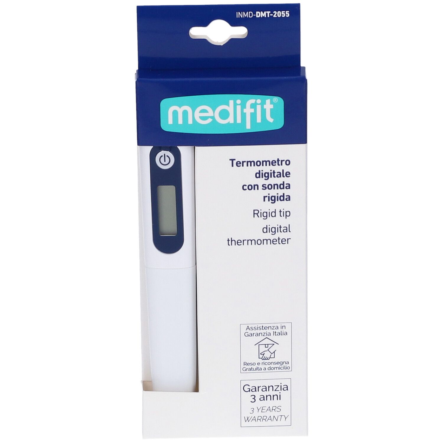 Termometro digitale con sonda rigida in confezione. Marchio Medifit. Display e pulsante di accensione visibili.