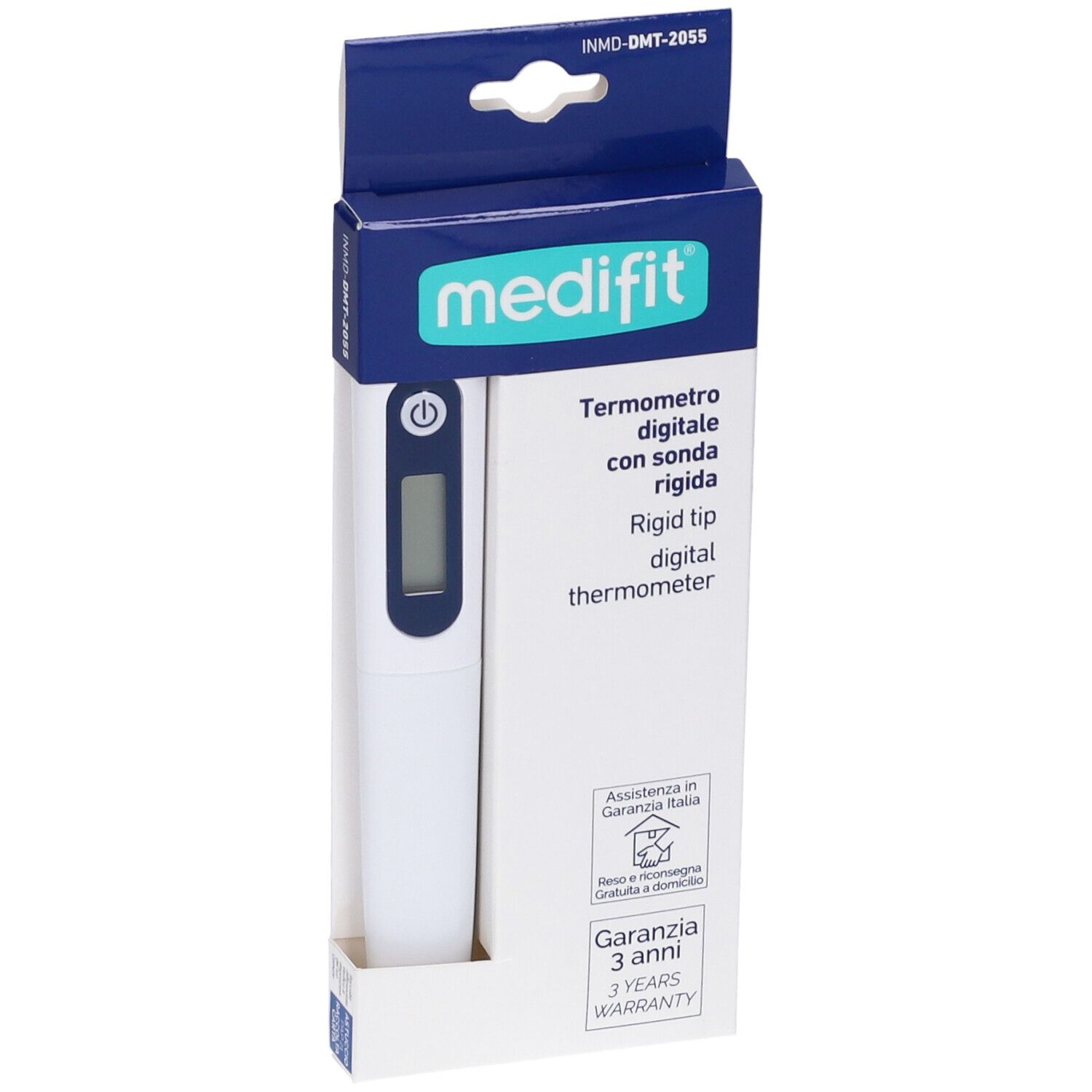Termometro digitale con sonda rigida in confezione. Marchio Medifit. Display e pulsante di accensione visibili.