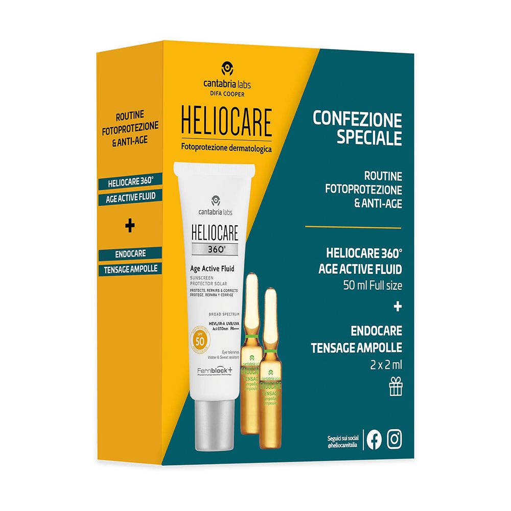 Heliocare 360° Age Active Fluid SPF50 + Endocare Tensage Ampolle 2x2ml + After Sun Care 100 ml Travel Size GRATIS