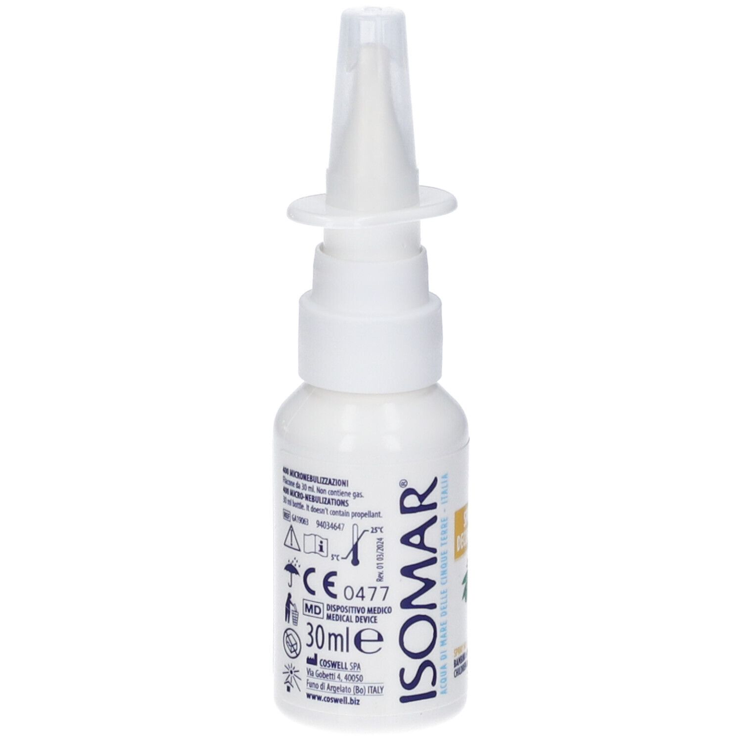 Flacone bianco con erogatore spray. Scritta: ISOMAR. Etichetta: Spray No Gas Decongestionante, 30 ml, dispositivo medico. Marchio CE.