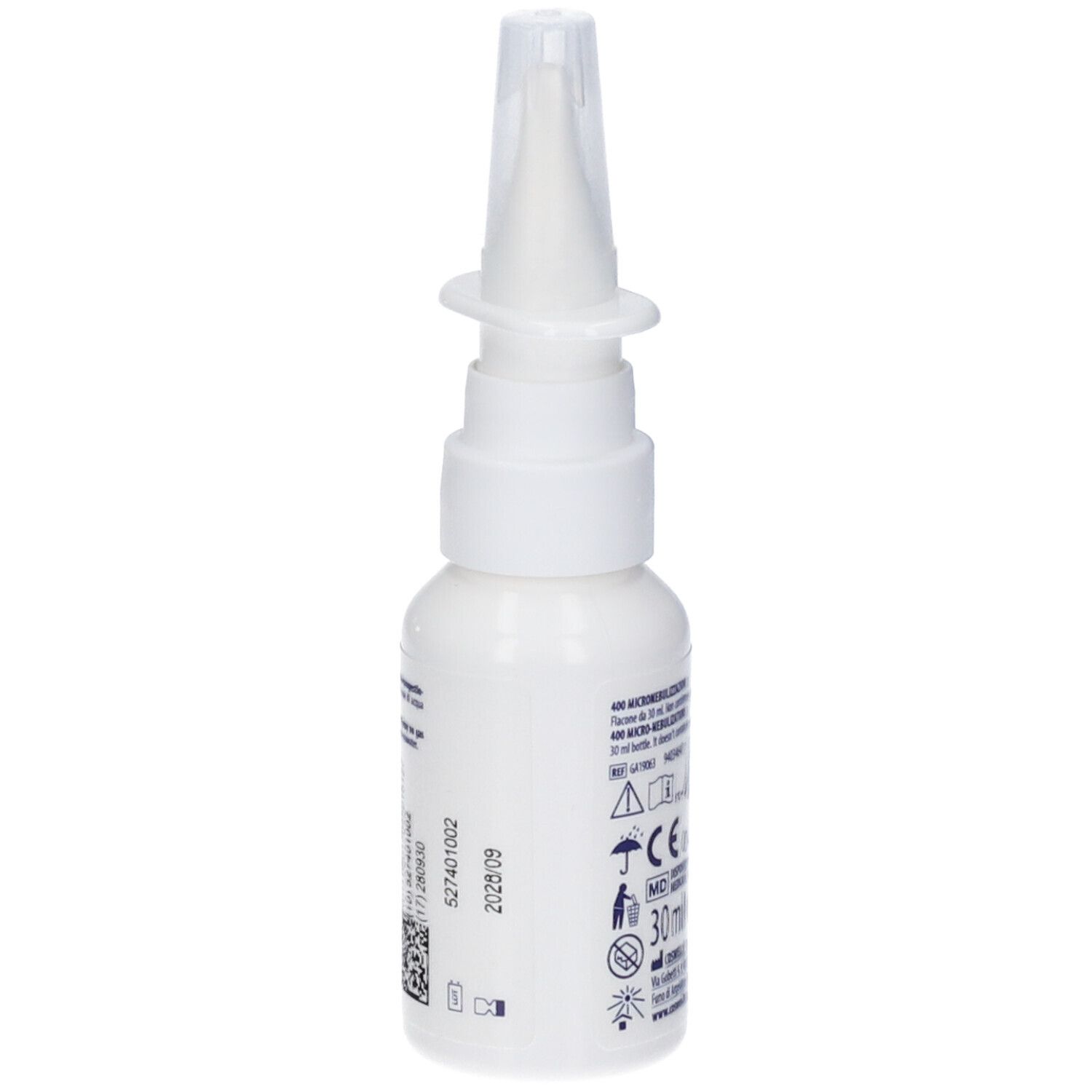 Flacone bianco con erogatore spray. Scritta: ISOMAR. Retro con informazioni e codici. 30 ml.