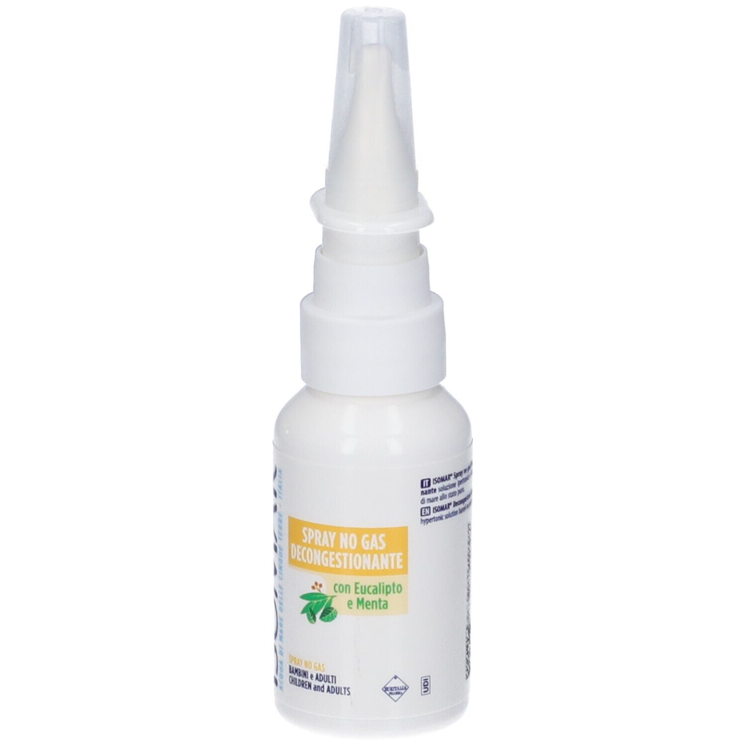 Flacone bianco con erogatore spray. Scritta: ISOMAR, Spray No Gas Decongestionante, con Eucalipto e Menta. Per bambini e adulti.