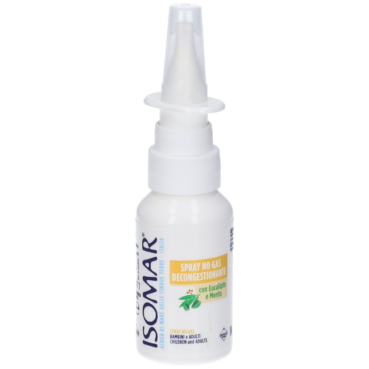 Flacone bianco con erogatore spray. Scritta: ISOMAR, Spray No Gas Decongestionante, con Eucalipto e Menta. Per bambini e adulti.
