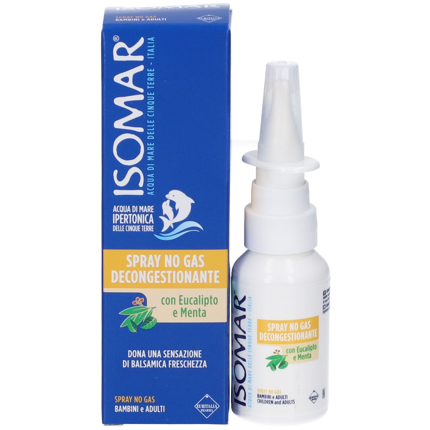 Prodotto e confezione. Scatola blu e flacone bianco con erogatore spray. Scritta: ISOMAR, Spray No Gas Decongestionante.