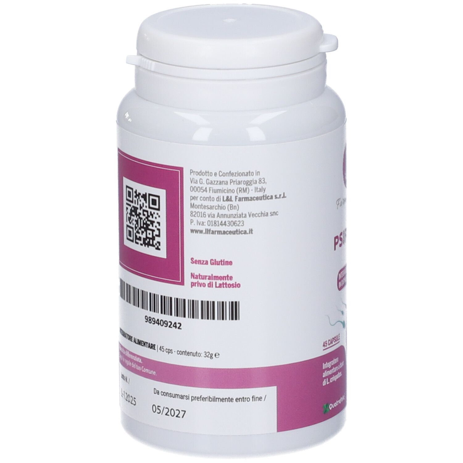 Retro di un flacone bianco di capsule. Scritta: Psiproto Fert. Codice QR, senza glutine, senza lattosio. Scadenza 05/2027.