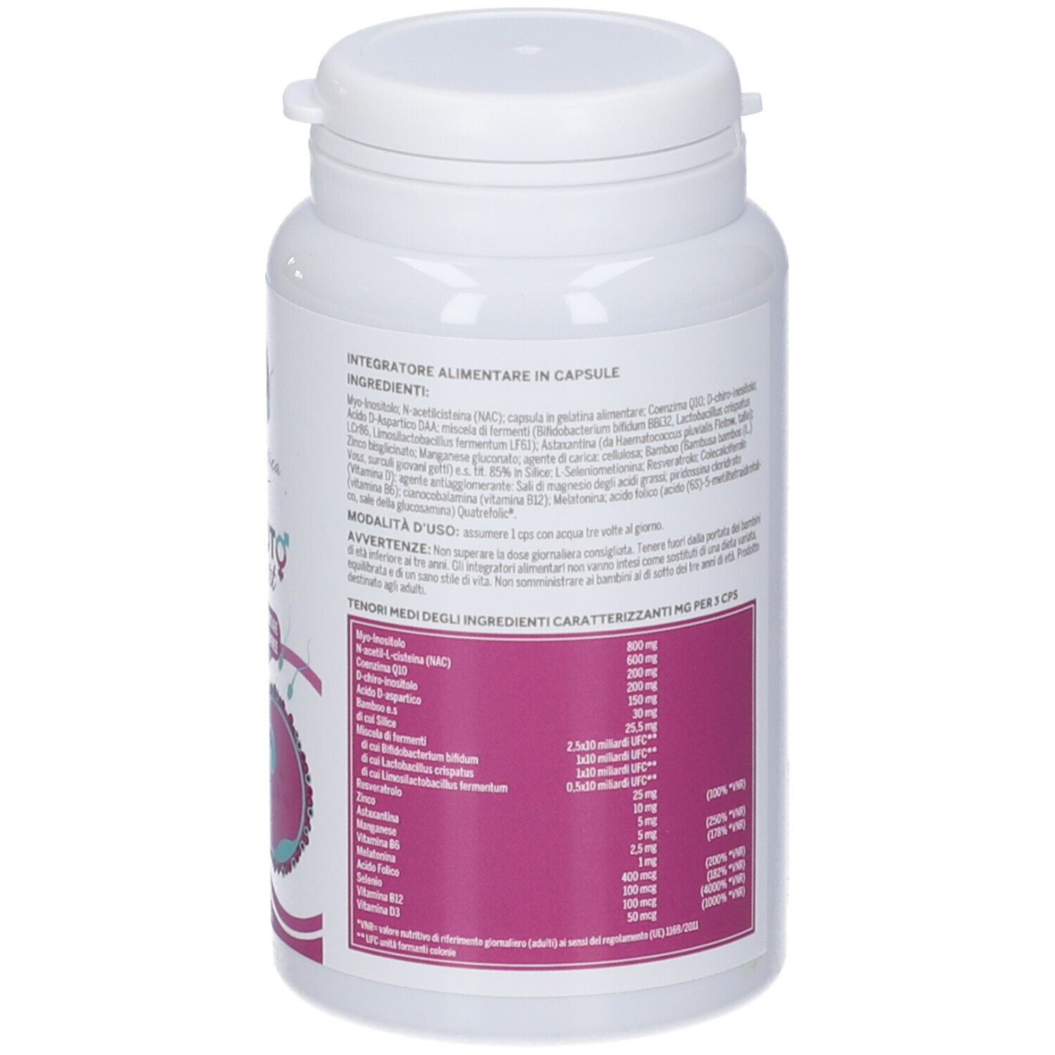 Flacone bianco di capsule. Scritta: Psiproto Fert. Elenco ingredienti e dosaggio. Logo.