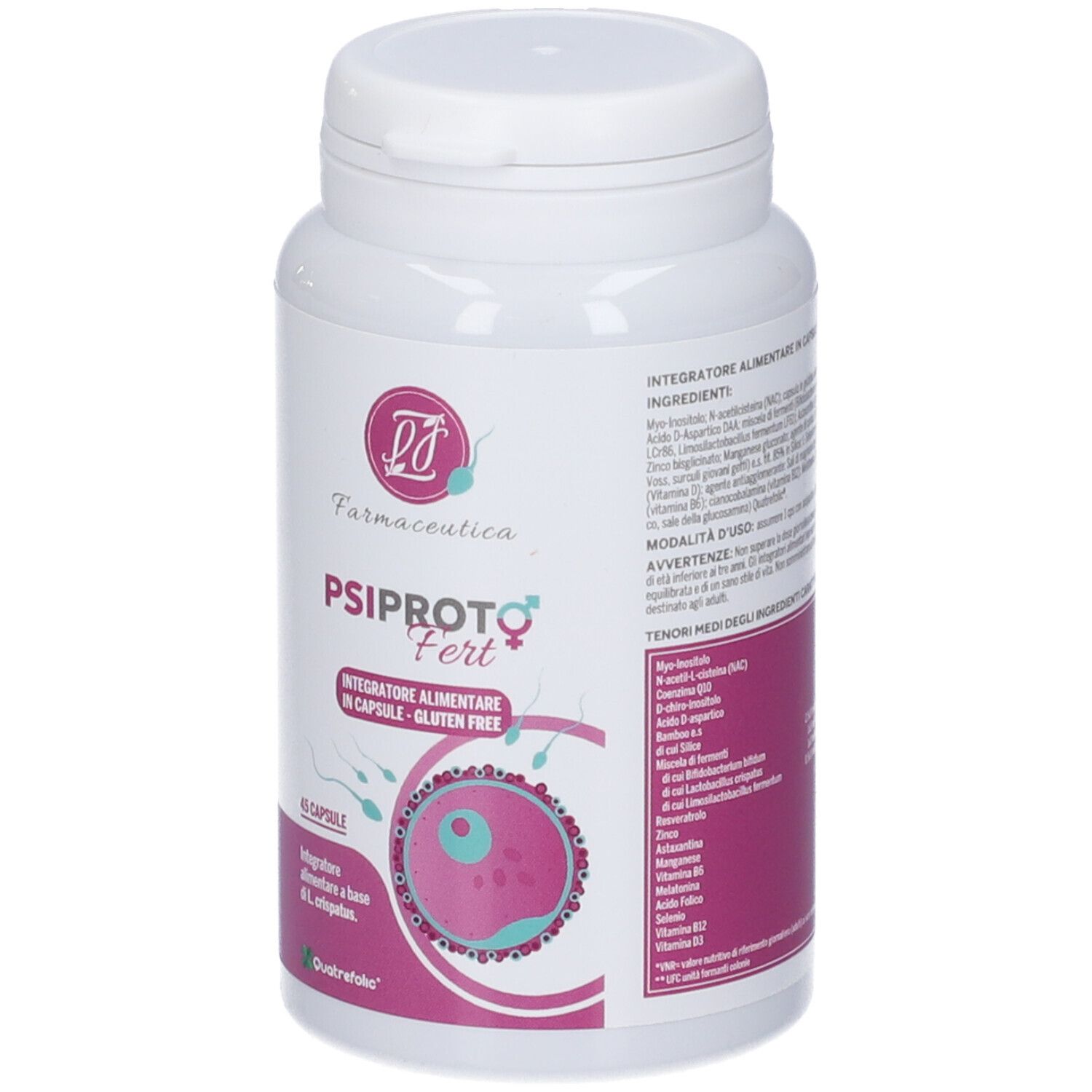 Flacone bianco di capsule. Scritta: Psiproto Fert, Integratore Alimentare in Capsule, Gluten Free. 60 capsule. Logo.