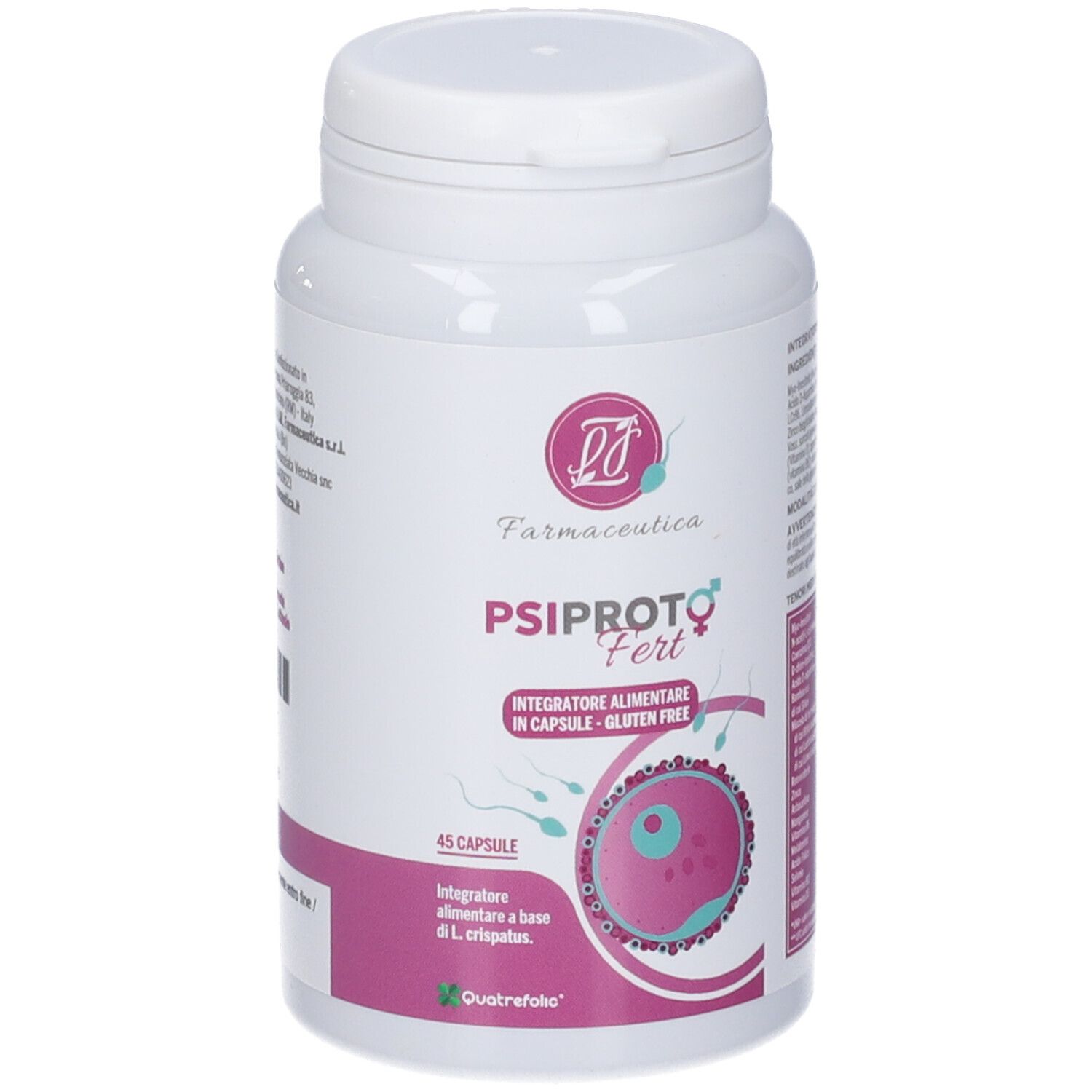 Flacone bianco di capsule. Scritta: Psiproto Fert, Integratore Alimentare in Capsule, Gluten Free. 45 capsule. Logo.