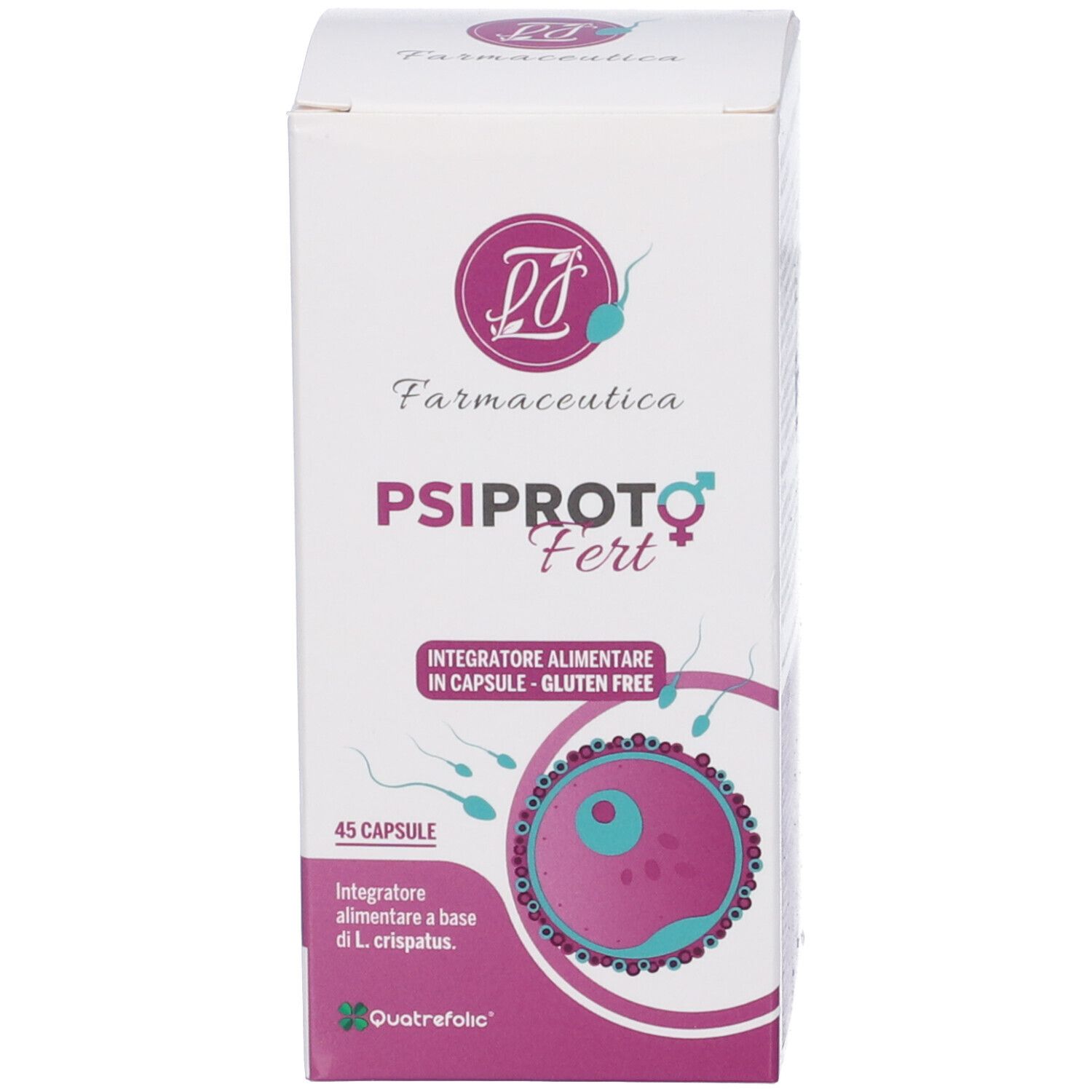 Confezione del prodotto. Scritta: Psiproto Fert, Integratore Alimentare in Capsule, Gluten Free. 45 capsule. Logo.