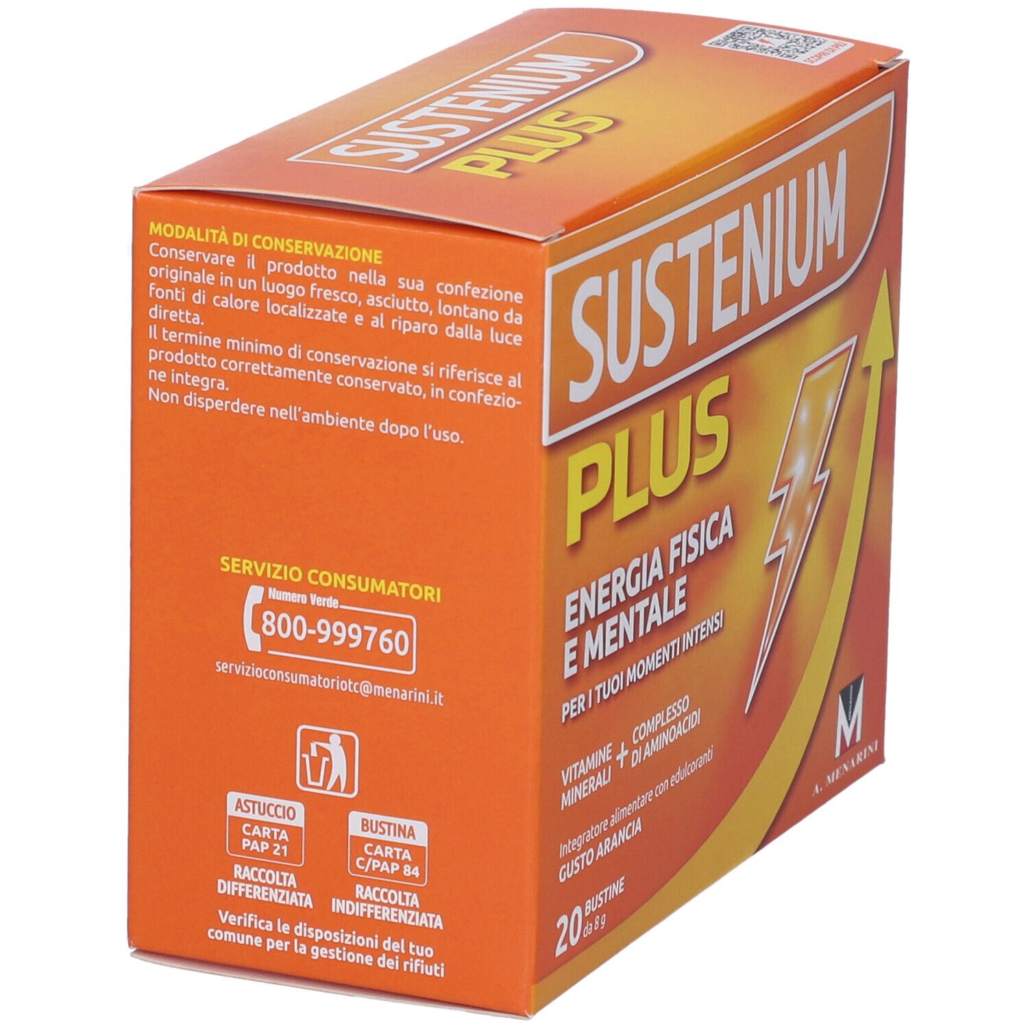 Scatola arancione "SUSTENIUM PLUS". Testo: Energia, 20 bustine, numero di telefono. Informazioni conservazione e riciclo.