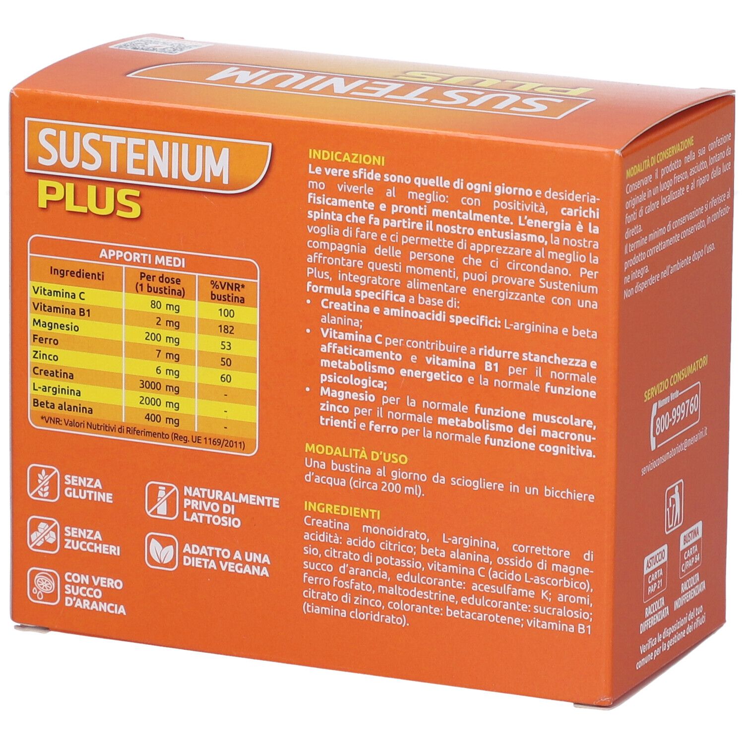 Retro scatola "SUSTENIUM PLUS". Testo: Ingredienti, informazioni nutrizionali, indicazioni. Vegano, senza glutine, senza zuccheri.