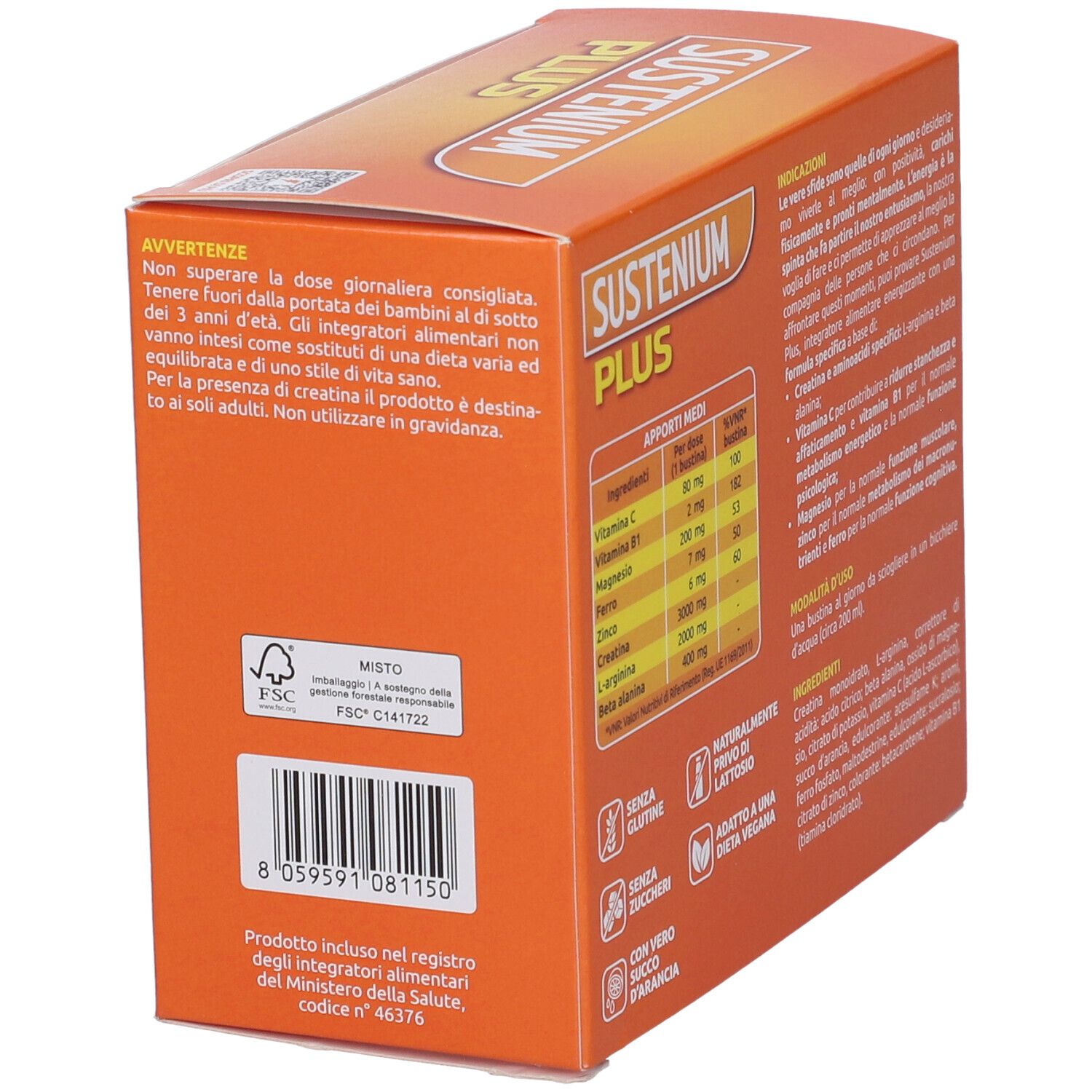 Lato scatola "SUSTENIUM PLUS". Testo: Ingredienti, informazioni nutrizionali, indicazioni. Certificazione FSC.
