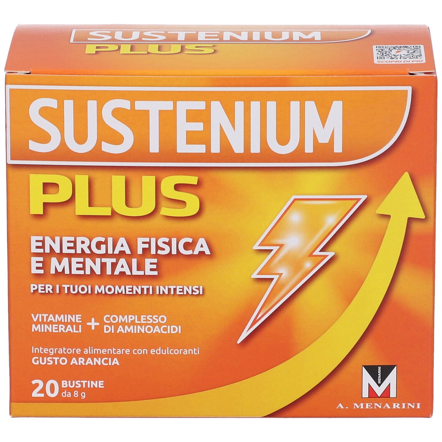 Scatola arancione "SUSTENIUM PLUS". Contiene 20 bustine. Testo: Energia, vitamine, minerali, aminoacidi, gusto arancia.