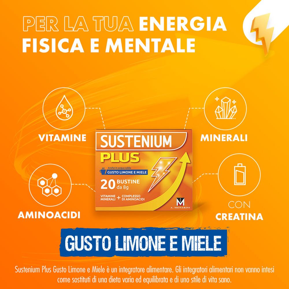 Pubblicità per Sustenium Plus. Contiene vitamine, minerali, aminoacidi e creatina. Gusto limone e miele.