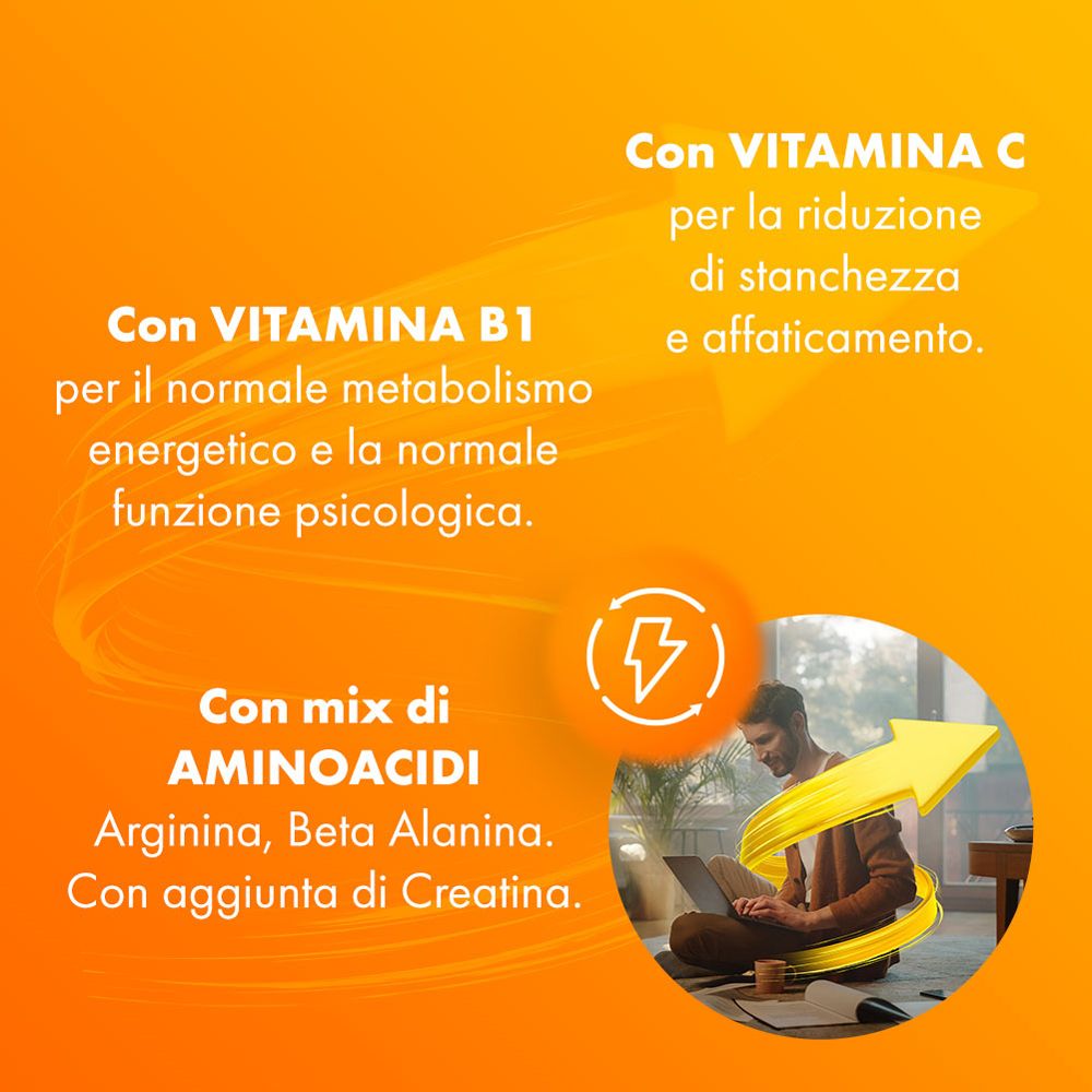 Pubblicità per Sustenium Plus. Contiene vitamina C, B1 e aminoacidi. Uomo alla scrivania. Freccia gialla.