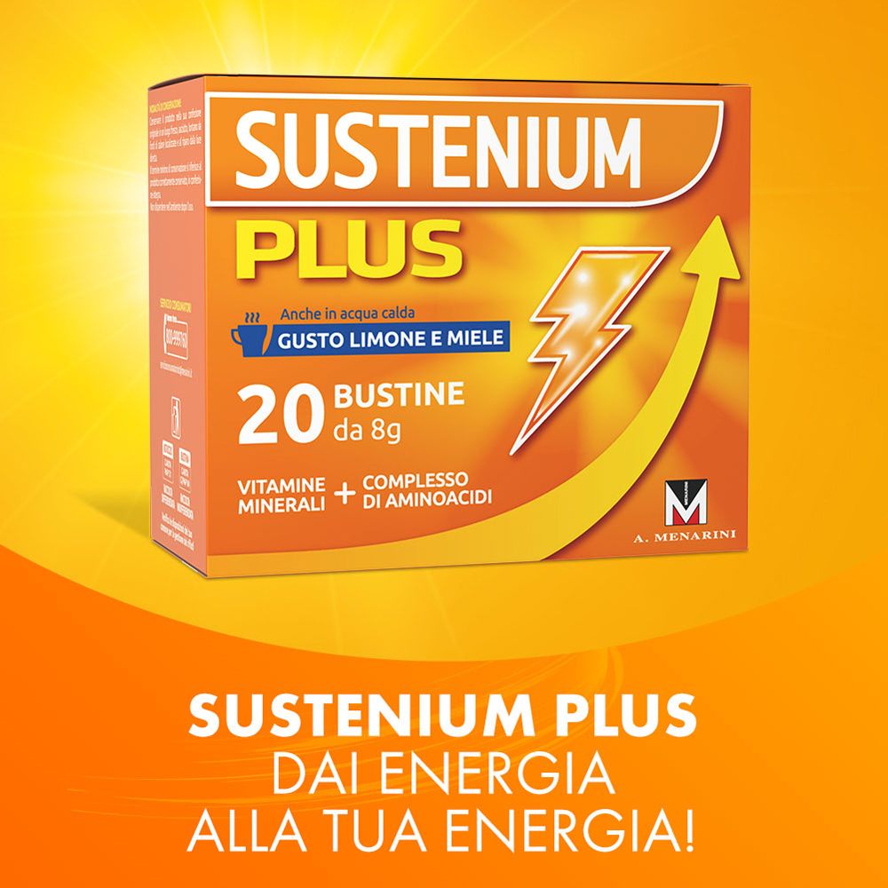 Scatola arancione con "SUSTENIUM PLUS". Contiene 20 bustine. Testo: "DAI ENERGIA ALLA TUA ENERGIA!"