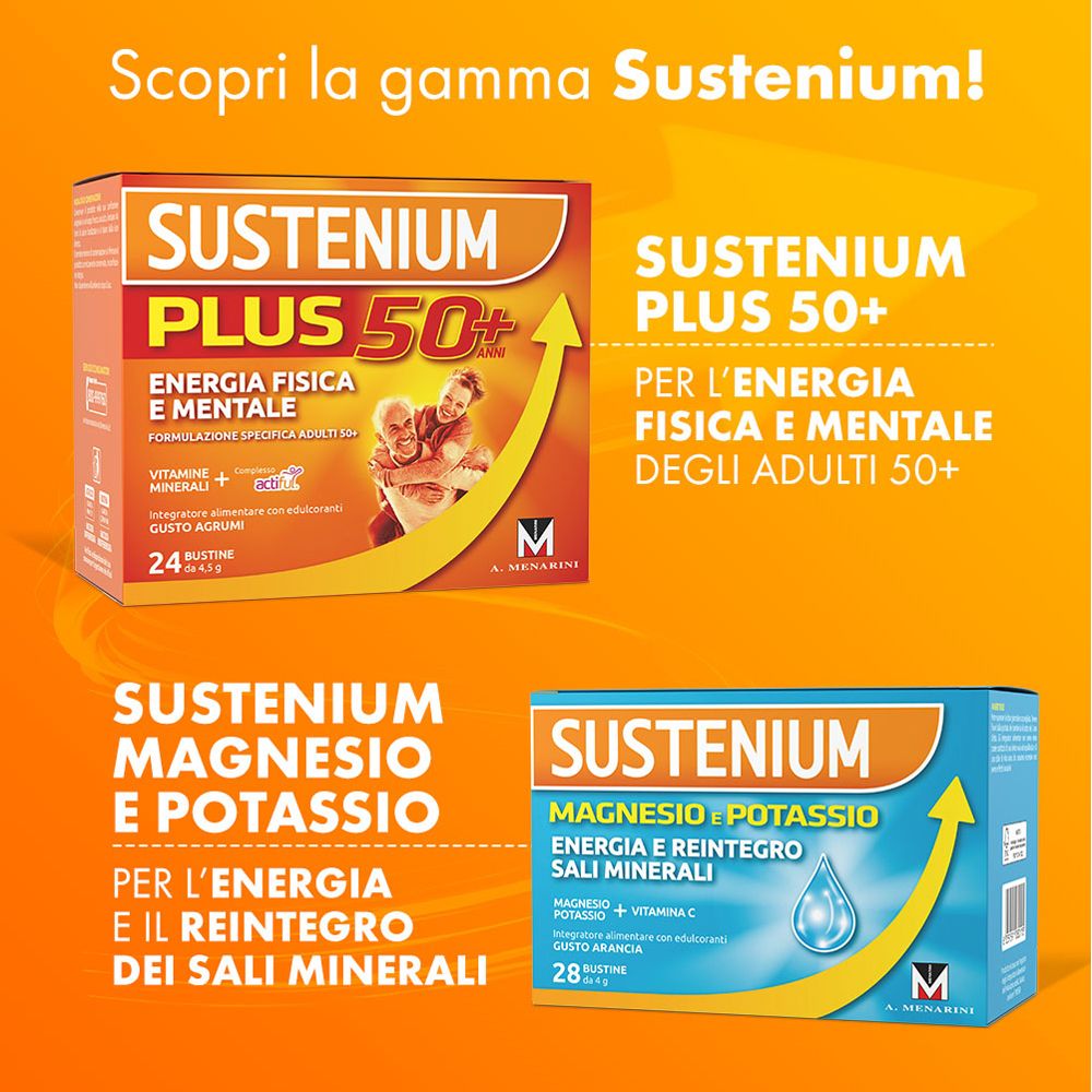 Pubblicità per i prodotti Sustenium. Contiene Sustenium Plus 50+ e Sustenium Magnesio e Potassio.