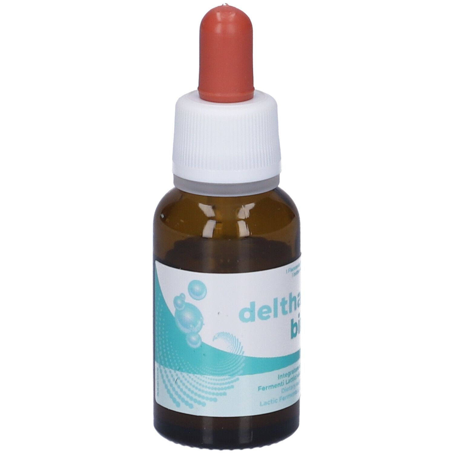 Flacone di vetro marrone con tappo bianco e punta rossa. Etichetta con nome del prodotto e grafica blu.