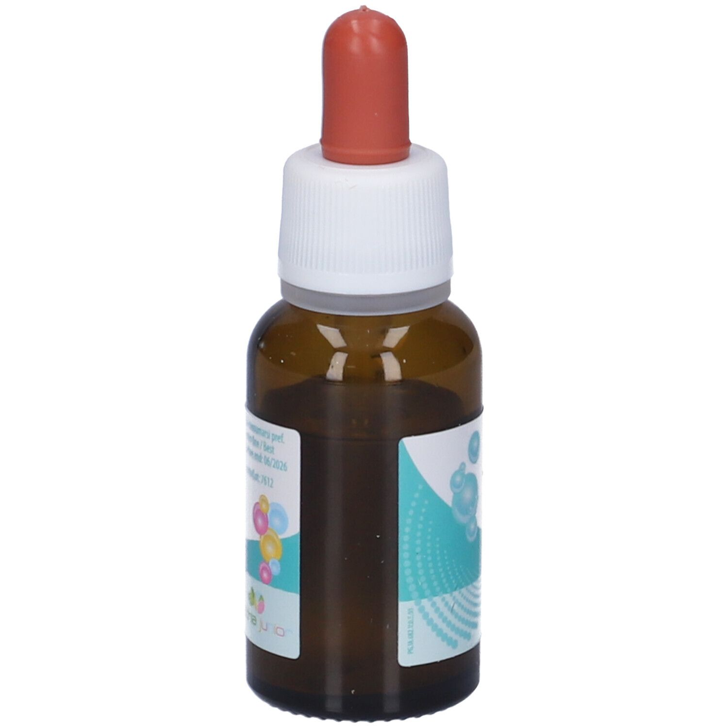 Flacone di vetro marrone con tappo bianco e punta rossa. Etichetta con nome del prodotto e grafica blu.