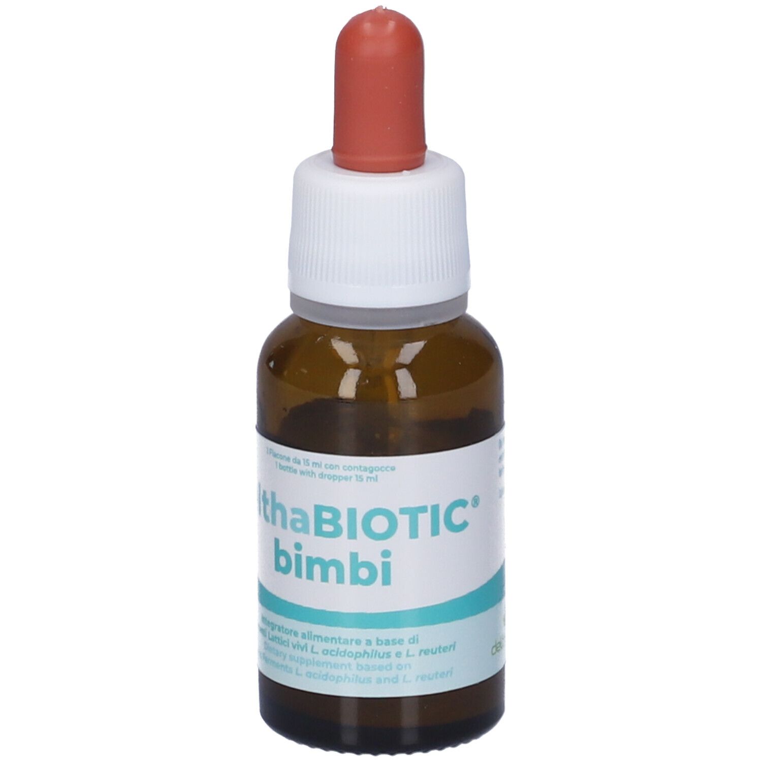 Flacone di vetro marrone con tappo bianco e punta rossa. Etichetta con nome del prodotto e grafica blu.