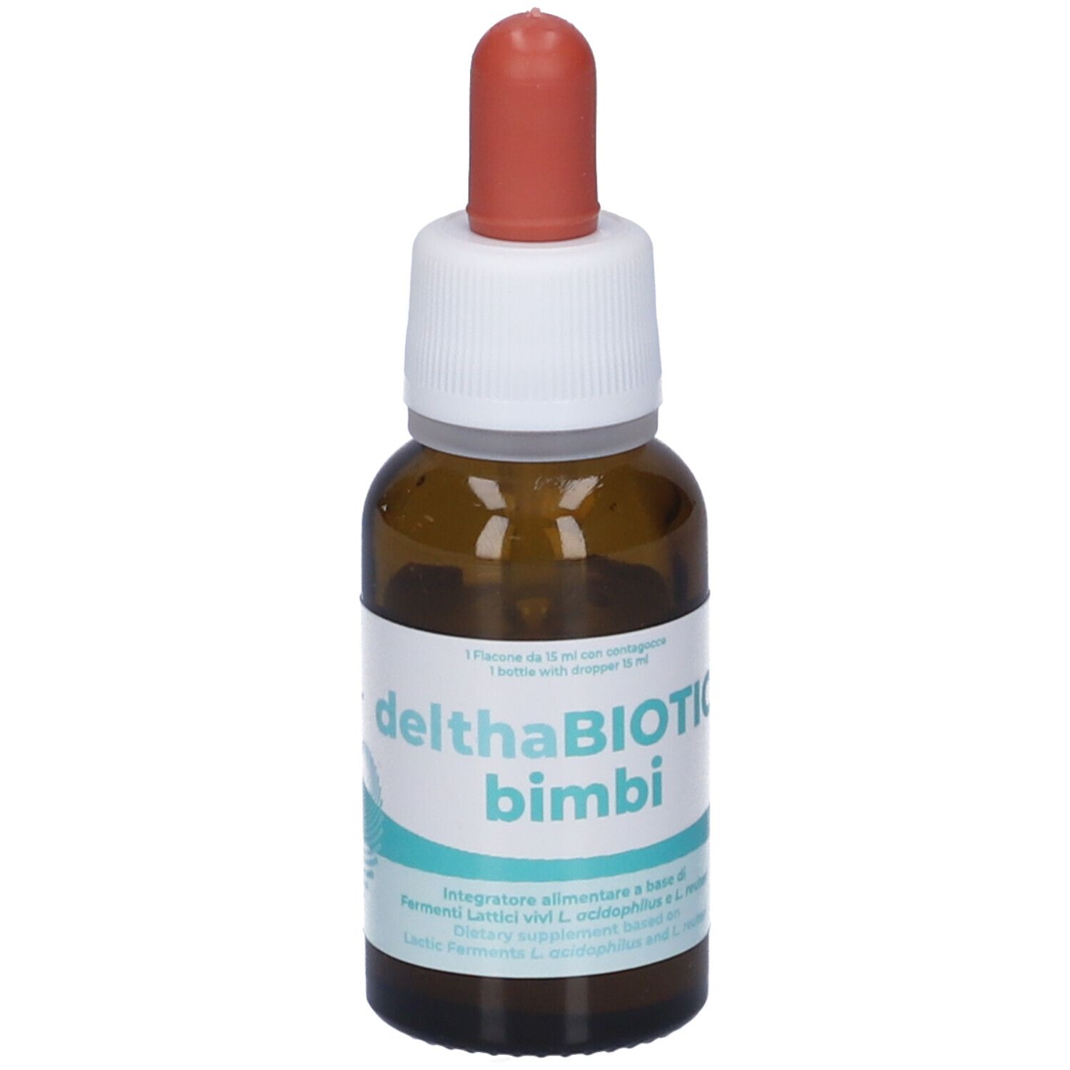 Flacone di vetro marrone con tappo bianco e punta rossa. Etichetta con nome del prodotto e grafica blu.