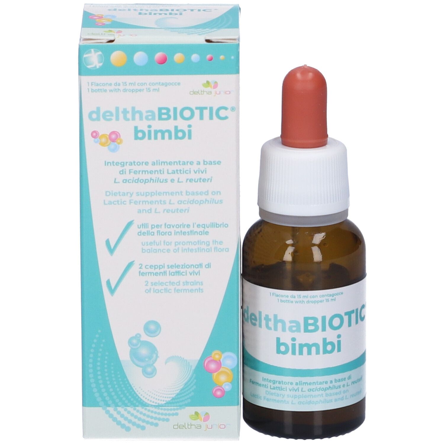 Flacone del prodotto con confezione. Flacone con tappo bianco e punta rossa. Confezione con nome del prodotto.