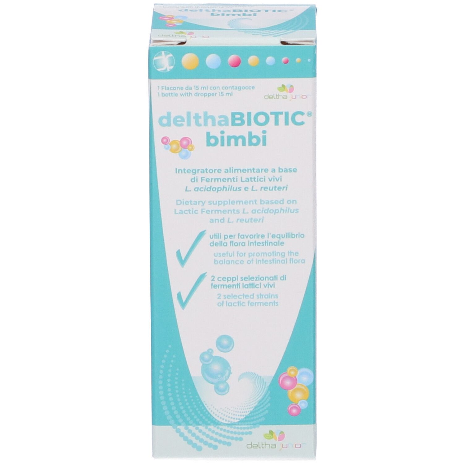 Flacone del prodotto con confezione. Flacone con tappo bianco e punta rossa. Confezione con nome del prodotto.