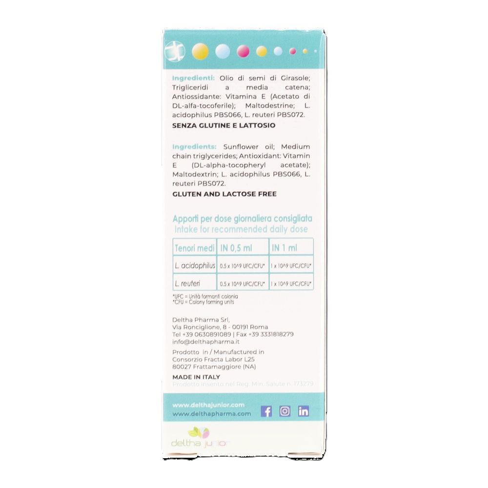 Retro della confezione di Deltha Junior DELTHABIOTIC BIMBI. Ingredienti e informazioni.